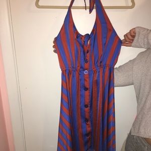 blue & red high low button down dress